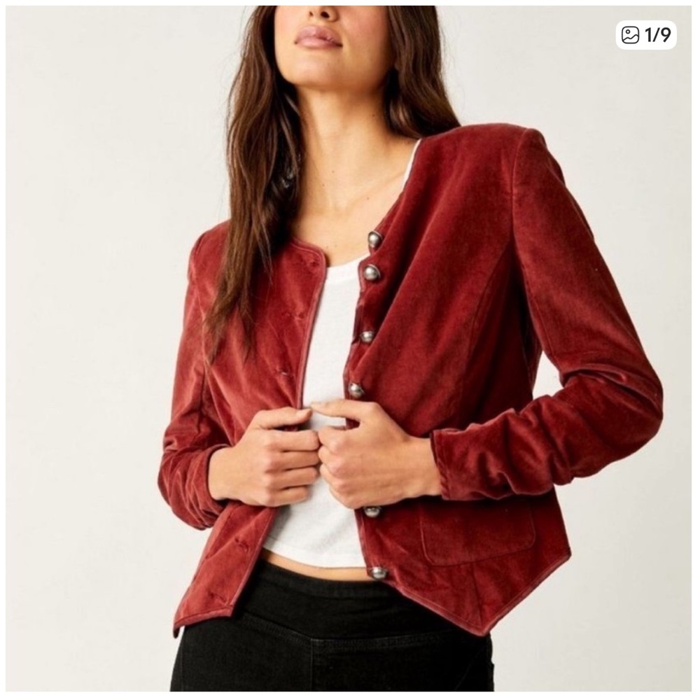 FREE PEOPLE BECKY VELVET MILITARY NAPOLEAN JACKET RUBY LARGE berry red L